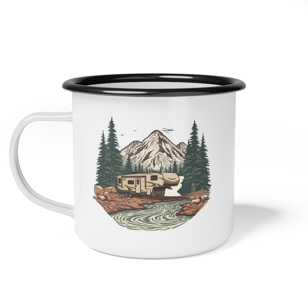 Modern 5th Wheel "Home, But Mobile" Enamel Camp Cup — 12oz